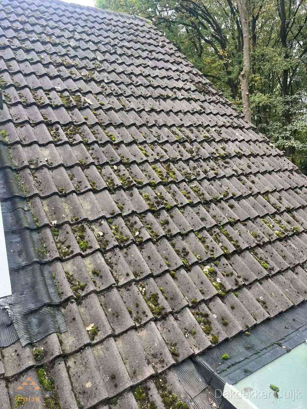 Verweerd pannendak met mosgroei dat renovatie nodig heeft in Cuijk
